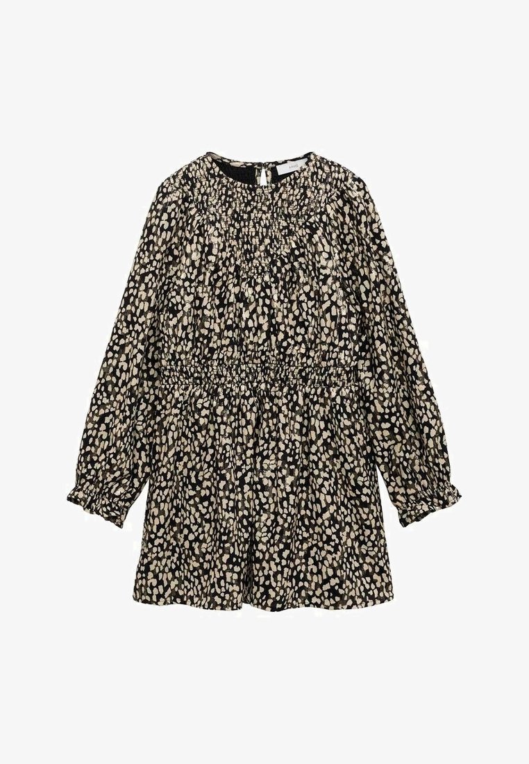 Robe longue à manches longues noire et beige à pois, avec taille élastique, poitrine smockée, poignets à volants et encolure ronde avec fermeture par bouton au dos.
