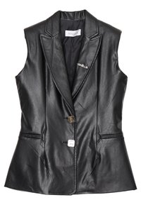 Blazer senza maniche in ecopelle nera con revers, chiusura a bottone singolo, due tasche frontali e un piccolo logo accentato sul revers.