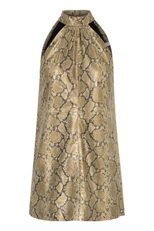 Gouden en beige slangenprint halterjurk met een hoge kraag en contrasterende zwarte zijpanelen, voorzien van een gladde, glanzende textuur.