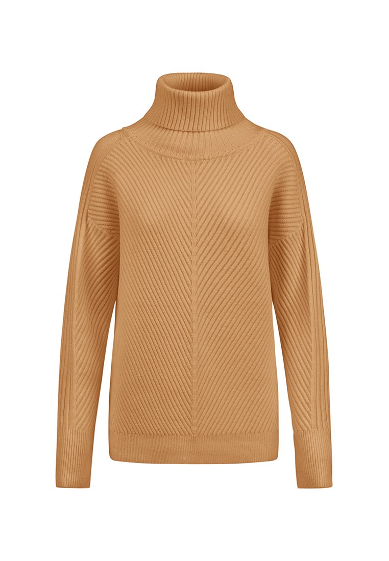 Turtleneck-Pullover in Beige, mit gerippter Textur und diagonalen Mustern, langen Ärmeln und lockerer Passform.
