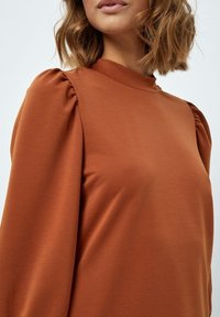 Hnědý top s vysokým výstřihem, nařasenými rukávy, hladkým povrchem a minimalistickým designem. Vhodný pro neformální nebo polosformální nošení.