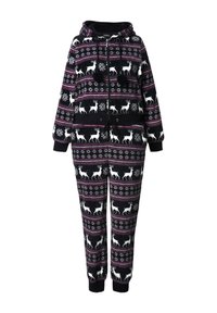 Mono negro con capucha, adornado con patrones de renos y copos de nieve en blanco. Cuenta con cintura ajustable con cordón y puños elásticos. Material de forro polar acogedor.