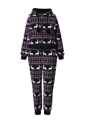 Un body noir avec capuche, orné de motifs de rennes et de flocons de neige blancs. Comprend une taille avec cordon de serrage et des poignets élastiques. Matériau en polaire confortable.