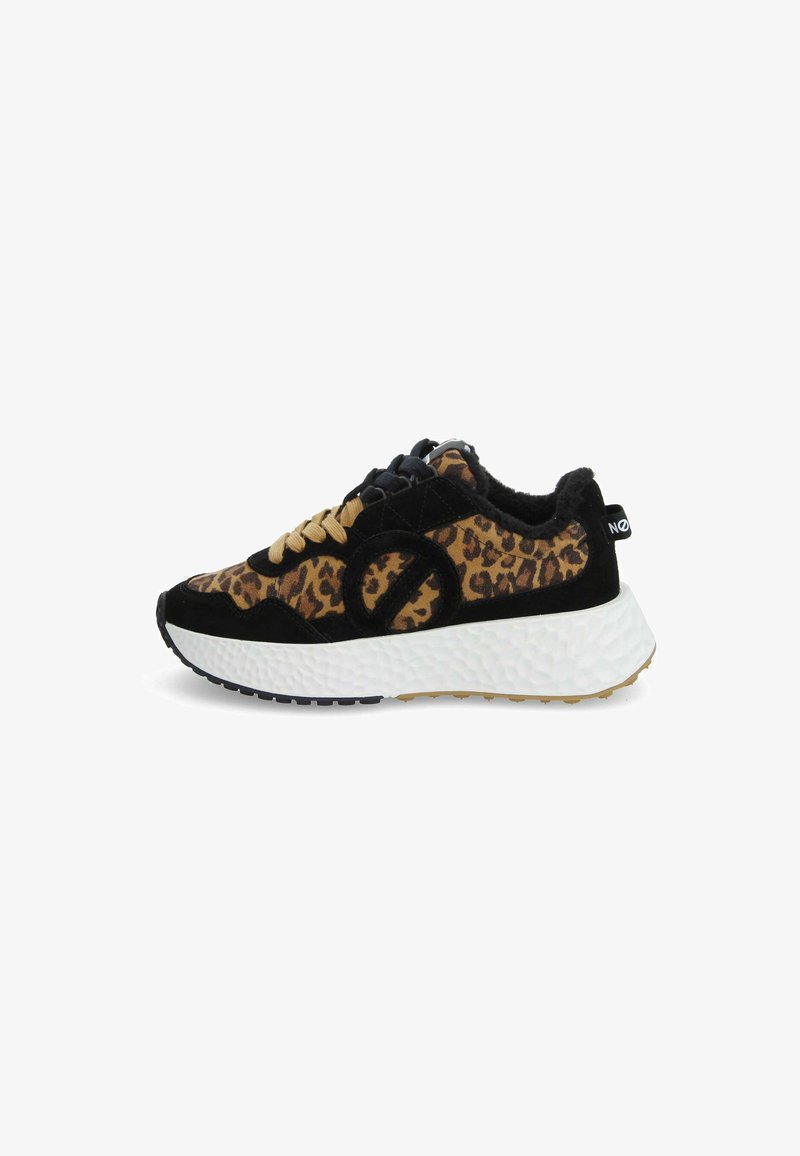 Leopard print sneaker with black suede accents, textured white midsole, and black rubber outsole. Features gold laces and logo detail.