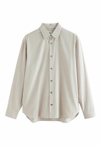Beige Langarmhemd mit spitzem Kragen, Knopfverschluss und einer dezenten gestreiften Textur. Abgerundeter Saum und geknöpfte Manschetten.
