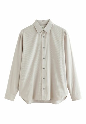 Beige Langarmhemd mit spitzem Kragen, Knopfverschluss und einer dezenten gestreiften Textur. Abgerundeter Saum und geknöpfte Manschetten.