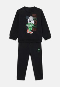 Black sweatshirt and pants set featuring a graphic of a cartoon mouse with green accents, branded with "Adidas" and "Disney."