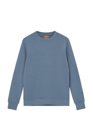Blue long-sleeve crew neck sweatshirt with ribbed cuffs and hem, featuring a small logo on the left sleeve cuff.