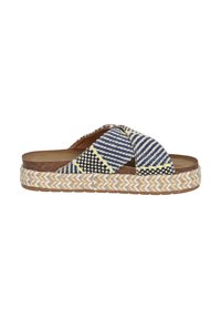 Sandali intrecciati con un design a strisce incrociate in blu, nero e giallo, con una suola naturale in juta intrecciata e una soletta piatta.