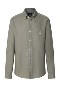 Chemise olive à manches longues avec boutons, col boutonné et petit logo brodé sur la poitrine à gauche.