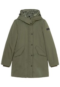 Parka isolata verde oliva con cappuccio, bottoni a pressione, due tasche frontali e polsini a coste. Tessuto liscio e resistente con imbottitura trapuntata.