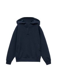 Marineblauwe hoodie gemaakt van zachte stof. Kenmerkt zich door een halve rits aan de nek, lange mouwen en twee zijzakken met rits. Minimalistisch ontwerp.