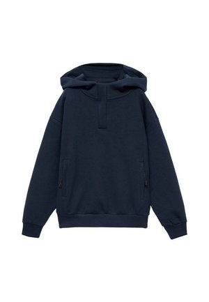 Marineblauwe hoodie gemaakt van zachte stof. Kenmerkt zich door een halve rits aan de nek, lange mouwen en twee zijzakken met rits. Minimalistisch ontwerp.