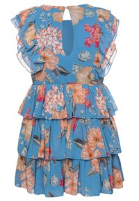 Blumenkleid aus blauer Stoff mit gestuften Rüschen, kurzen Ärmeln und einem Schlüsselloch-Ausschnitt auf dem Rücken. Große Blumen in Orange- und Pinkmustern.