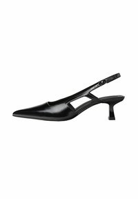 Czarne czółenka na obcasie typu slingback z szpiczastym noskiem, wykonane z błyszczącego materiału. Posiadają wycięcia i niski, kwadratowy obcas. Gładka tekstura.