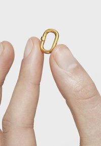Clip di metallo color oro a forma ovale, lucido, tenuto tra le dita; presenta una cerniera per l'apertura e la chiusura.
