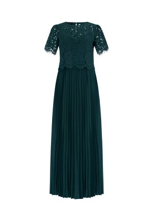 Donkergroene jurk met korte kanten mouwen, bodice van bloemmotief kant en een lange geplooide rok, met ritssluiting aan de achterkant.