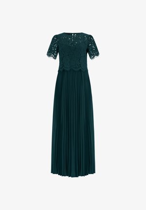 Donkergroene jurk met korte kanten mouwen, bodice van bloemmotief kant en een lange geplooide rok, met ritssluiting aan de achterkant.