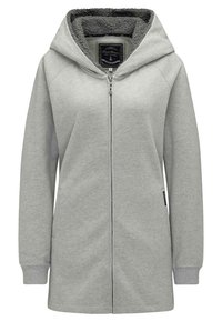 Sudadera con cremallera gris con un suave forro de felpa en el interior, con capucha y puños acanalados. Diseño simple sin patrones ni acentos visibles.