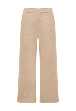 Beige wide-leg pants with a high waist and textured fabric, shown flat against a white background.