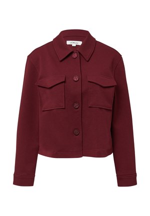 Burgundy cropped jacket made of soft fabric, featuring a classic collar, front button closure, and two chest flap pockets.