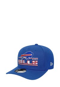 Blue baseball cap with embroidered Buffalo Bills logo. Features red and white accents, a flat brim, and a structured crown.