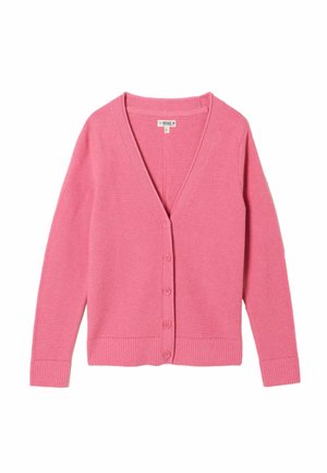 Ružový kardigán s dlhým rukávom a výstrihom do V, so žíhanými manžetami a lemom, vybavený štyrmi gombíkmi vpredu a malou textilnou značkou na výstrihu.