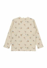 Maglia a maniche lunghe a coste color beige chiaro con stampa floreale in arancione, blu e giallo. Dettagli a volant sul colletto e sull'orlo. Tessuto traspirante.