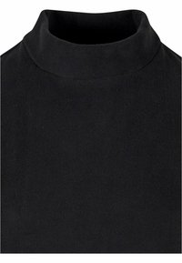 Svart fleeceplagg med en hög, mjuk uppstående krage som visas mot en vit bakgrund.