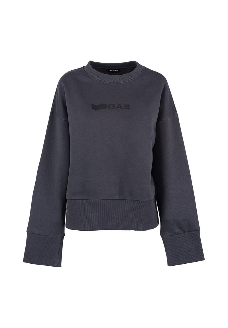 Felpa cropped grigio scuro in morbido tessuto con polsini e orlo a costine, caratterizzata da un logo nero sul davanti e maniche ampie e rilassate.