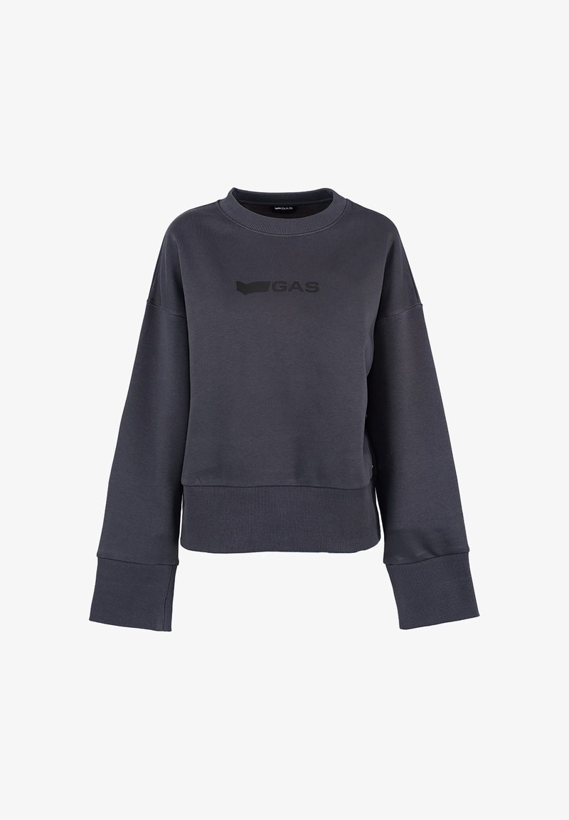 Felpa cropped grigio scuro in morbido tessuto con polsini e orlo a costine, caratterizzata da un logo nero sul davanti e maniche ampie e rilassate.