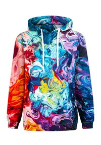Felpa con cappuccio caratterizzata da un vivace motivo astratto a str swirl multi-colore, con tonalità di blu, rosso, giallo e bianco. Tessuto morbido con una vestibilità comoda.