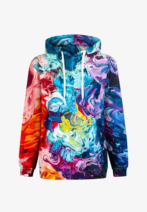 Hooded sweatshirt featuring a vibrant, multi-colored abstract swirl pattern with shades of blue, red, yellow, and white. Soft fabric with a relaxed fit.