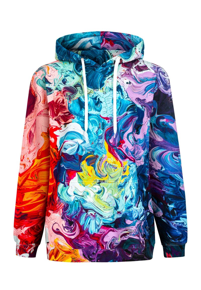 Felpa con cappuccio caratterizzata da un vivace motivo astratto a str swirl multi-colore, con tonalità di blu, rosso, giallo e bianco. Tessuto morbido con una vestibilità comoda.