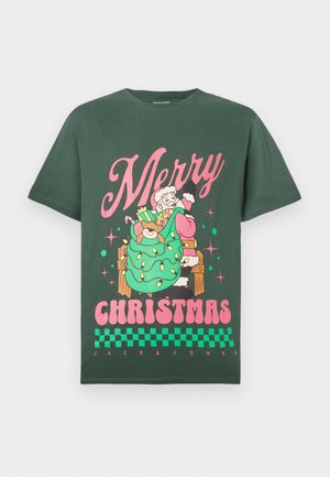 Dark green cotton t-shirt featuring a colorful graphic with “Merry Christmas,” Santa, and a bear, accented with stars and a checkered border.