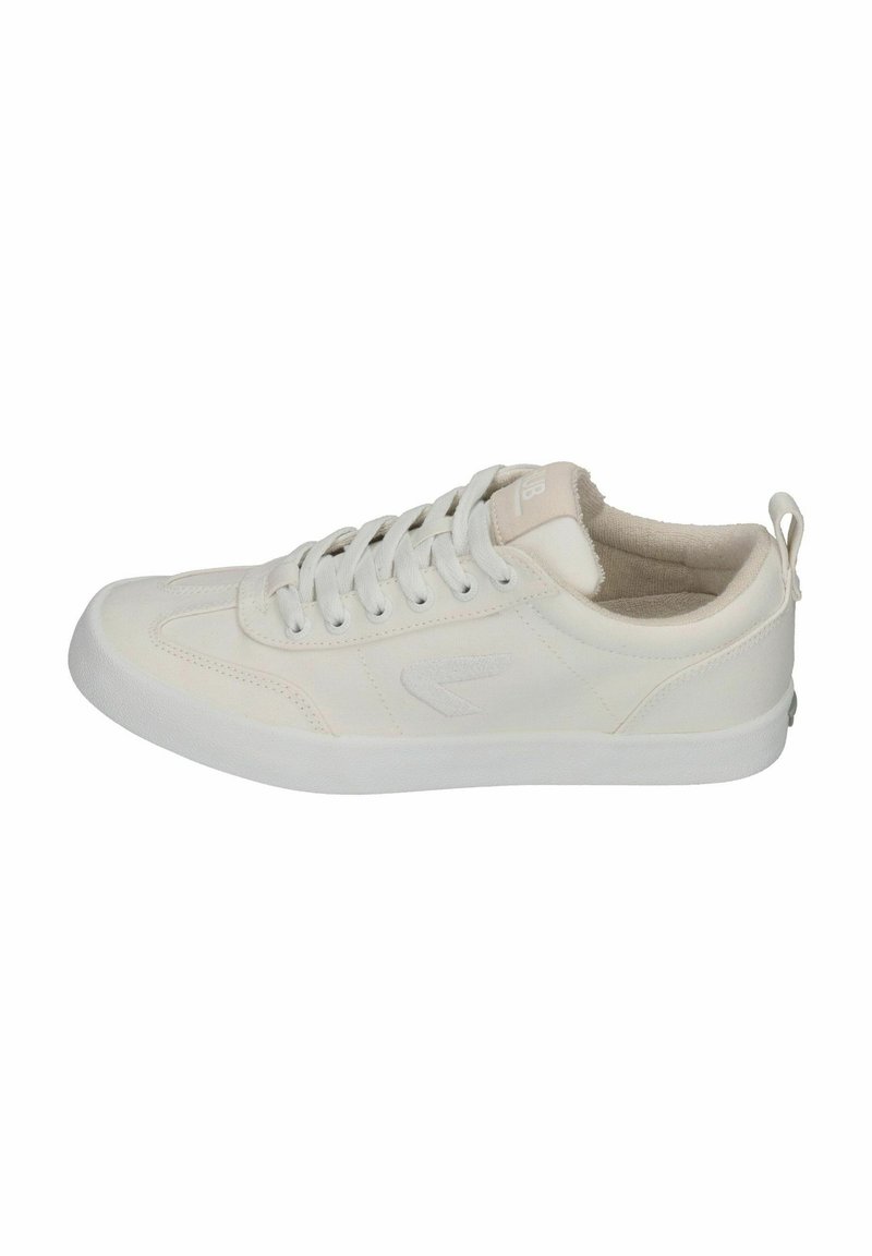 Witte canvas sneakers met een low-top ontwerp, voorzien van een gestructureerde neuskap, vetersluiting en een kleine hielsteun voor eenvoudig aan- en uittrekken.