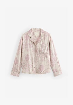 Pajama top z długim rękawem w kolorze kremowym z różowym wzorem w damask, z kieszonką, zapięciem na guziki oraz kontrastującymi kołnierzykiem i mankietami.