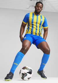Blå og gul stribet fodboldtrøje med matchende shorts, der har et logo. Spilleren bærer sorte støvler og blå sokker, ved siden af en mønstret bold.