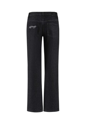 Černé denimové džíny se střihem rovného nohavice, obsahující dvě zadní kapsy a vyšívané detaily v oblasti pasu.