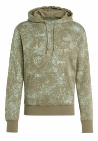 Olivgrön huvtröja med ett fläckigt ljusgrönt mönster, känguruficka och ribbade mudd och nederkant. Blandad bomullsmaterial.