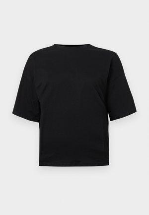 Black cotton t-shirt with a relaxed fit, short sleeves, and a round neckline. Smooth texture, no patterns or embellishments visible.