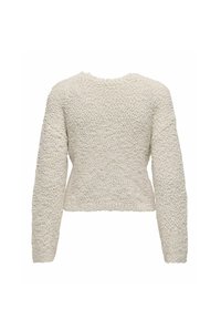 Maglione color crema, con texture, maniche lunghe, scollatura rotonda e vita aderente. Presenta un motivo morbido e in rilievo su tutta la superficie.