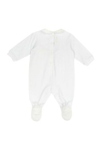 Body in cotone bianco per neonati con maniche lunghe, piedi chiusi e colletto, dotato di chiusura a bottoni sul retro e una texture sottile.