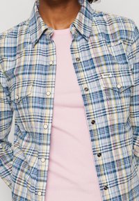 Rutigt skjorta med knappar i blått, gult och vitt; har tryckknappar och två bröstfickor; bärs över en ljusrosa ribbad topp.