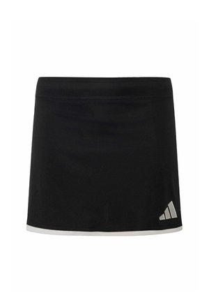 Jupe de sport noire avec une bordure blanche à l'ourlet et un petit logo Adidas argenté en bas à droite.