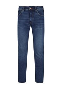 Jeans blu scuro in denim, con un classico design a cinque tasche, gamba dritta, leggera scoloritura e chiusura a bottone in vita.