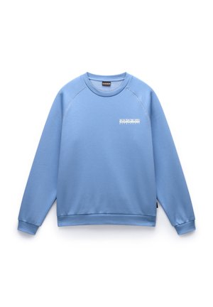 Blå sweatshirt lavet af en blanding af bomuld, med rund halsudskæring, ribbede manchetter og nederdel, samt et lille hvidt logo på fronten.