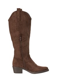 Bruine suède westernlaars tot halverwege de kuit met geborduurde details, rits aan de zijkant, trekband en lage gestapelde hak.