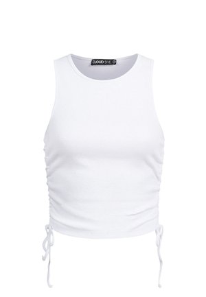 Top corto blanco sin mangas con canalé, fruncido lateral y cordones ajustables, escote redondo y etiqueta de la marca Cloud 5IVE.