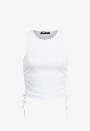 Top corto blanco sin mangas con canalé, fruncido lateral y cordones ajustables, escote redondo y etiqueta de la marca Cloud 5IVE.